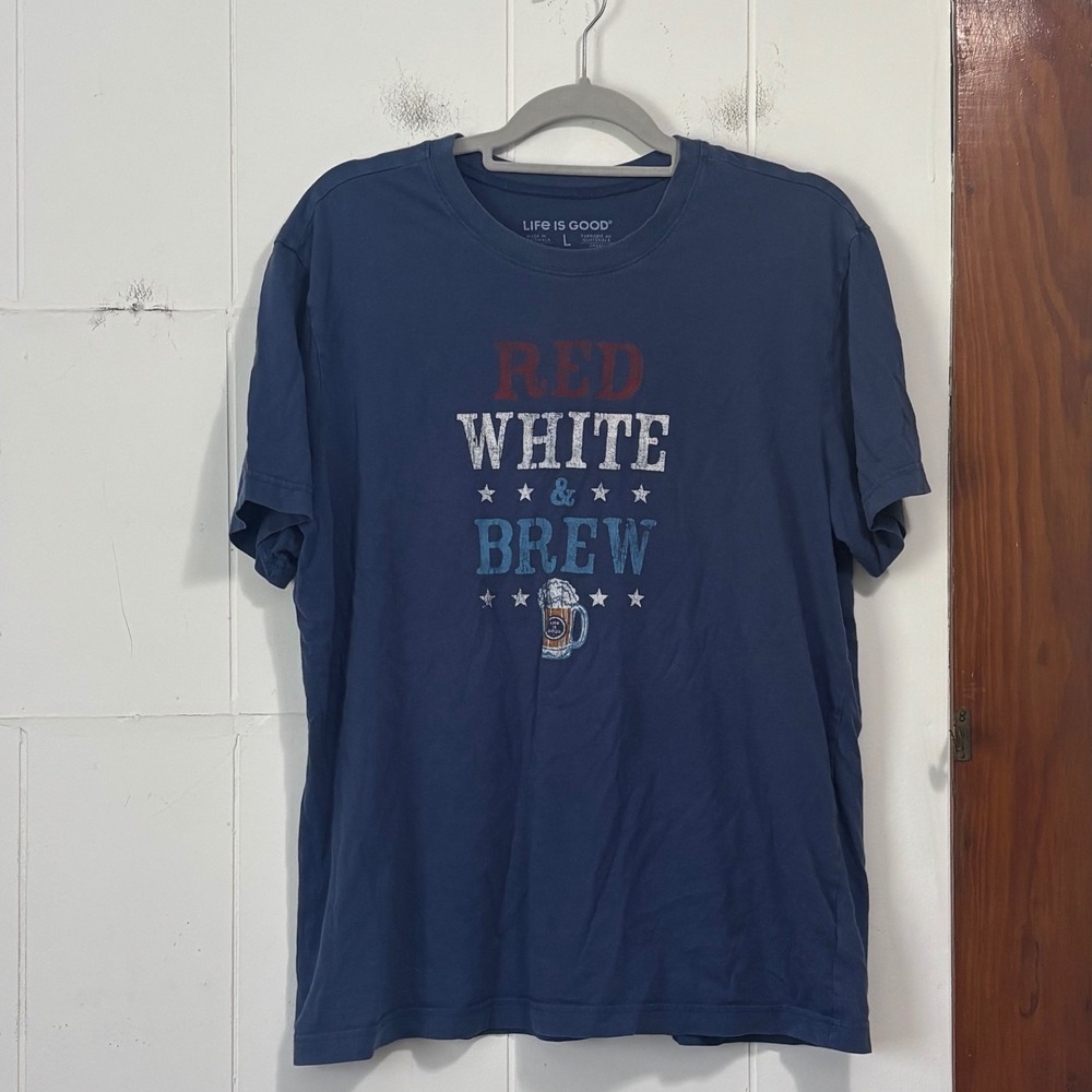 Life is Good Mens Red White & Brew Graphic T-Shirt Blue Large Patriotic Beer Tee